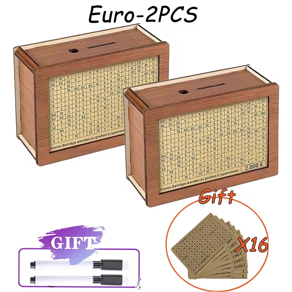 Wooden Piggy Bank Reusable Handmade Money Box, Piggy Bank with Saving Goal and Numbers to Check for Helps the Habit of Saving